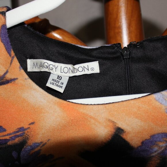Maggy London Sleeveless Dress Floral Blue Orange Black Size 10 Stretch Comfy - Picture 3 of 5